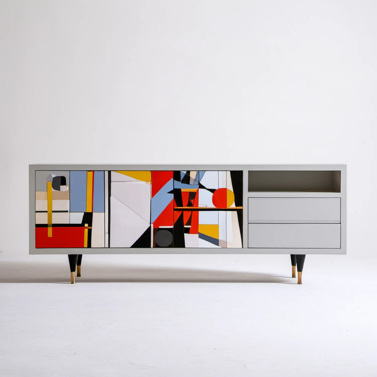 Biała szafka RTV z geometrycznym wielokolorowym frontem 180 x 40 x 70 cm, MDF
