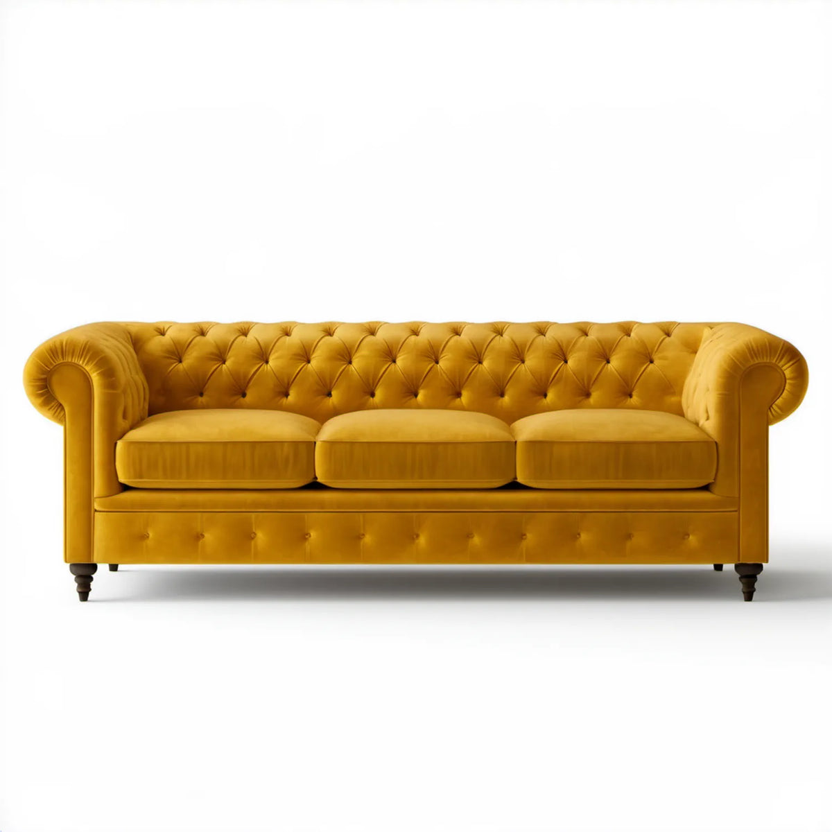 Trzyosobowa sofa Chesterfield musztardowa z aksamitu 230 x 95 x 78 cm