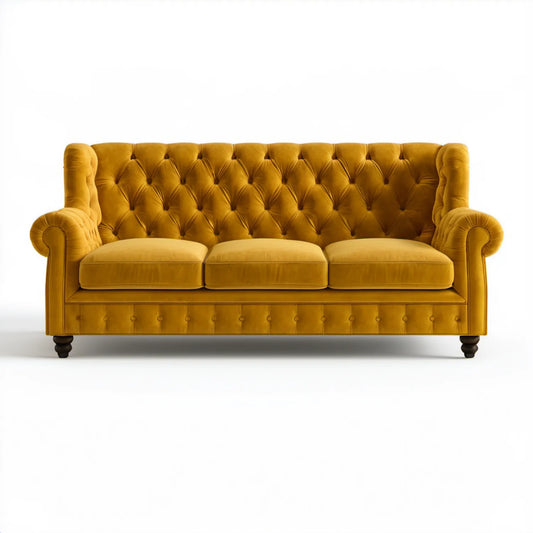Trzyosobowa sofa Chesterfield musztardowa z czarnymi nogami, 220 x 95 x 105 cm