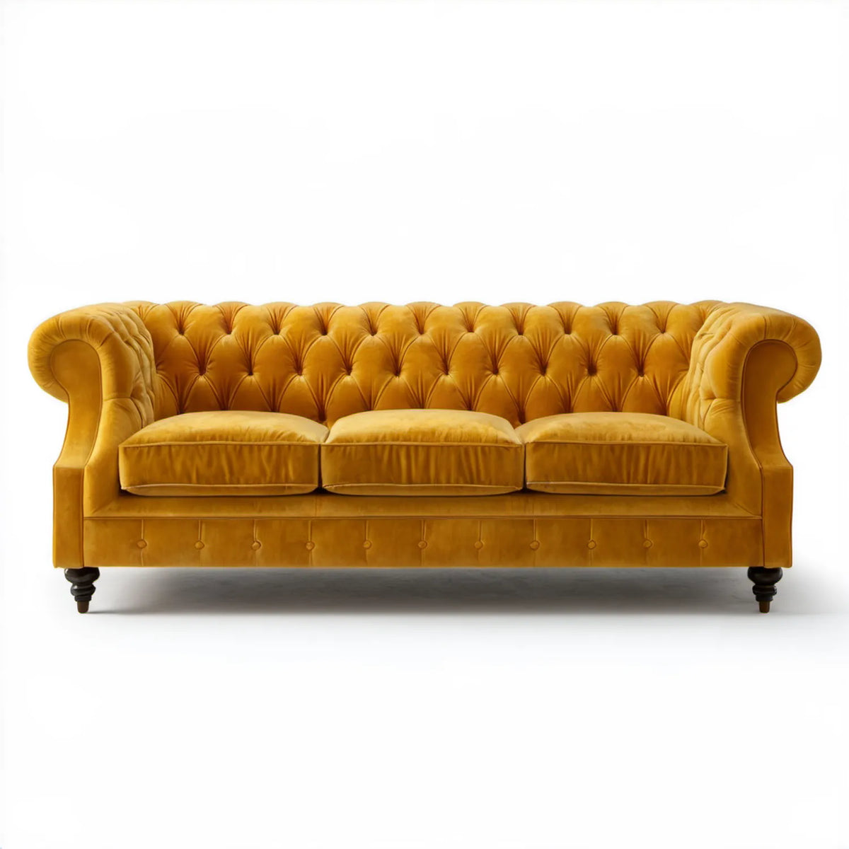 Musztardowa sofa Chesterfield 3-osobowa, aksamit poliestrowy, 220 x 90 x 78 cm