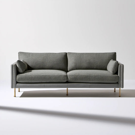 Szara dwuosobowa sofa 220 x 90 x 85 cm z poliestrową tapicerką i złotymi stalowymi nogami