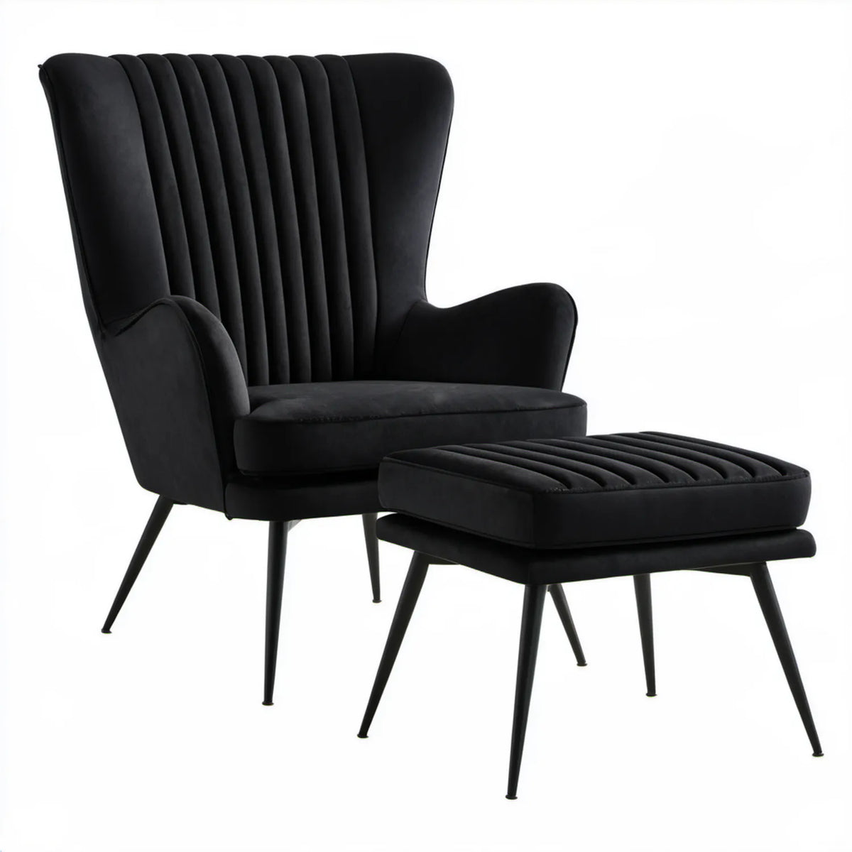Czarny fotel uszak z podnóżkiem, welur poliestrowy, fotel 105 x 75 x 85 cm, podnóżek 42 x 55 x 40 cm