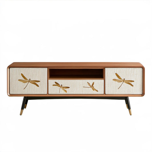 Szafka RTV retro z 2 drzwiami, szufladą i otwartą półką, orzechowo-kremowa, 140 × 40 × 55 cm