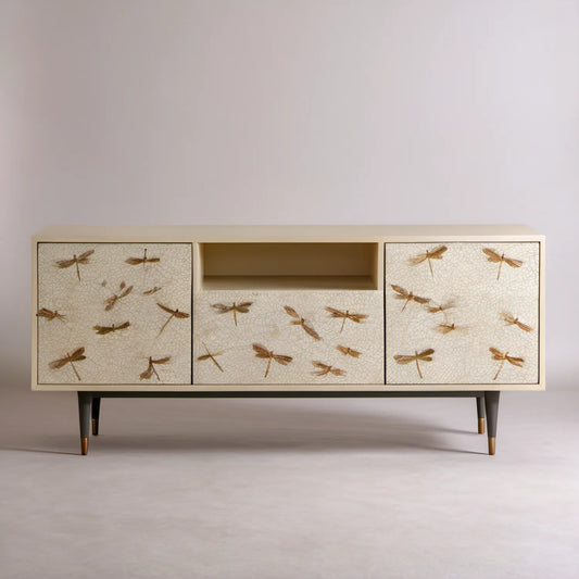 Kremowa szafka RTV vintage z motywem ważek, 160 x 40 x 80 cm, MDF