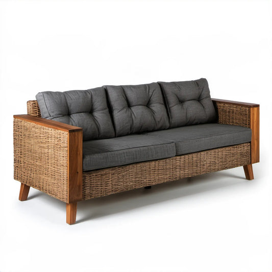 Dwuosobowa sofa ogrodowa z akacji i rattanu, brązowo-grafitowa, 150 x 80 x 85 cm