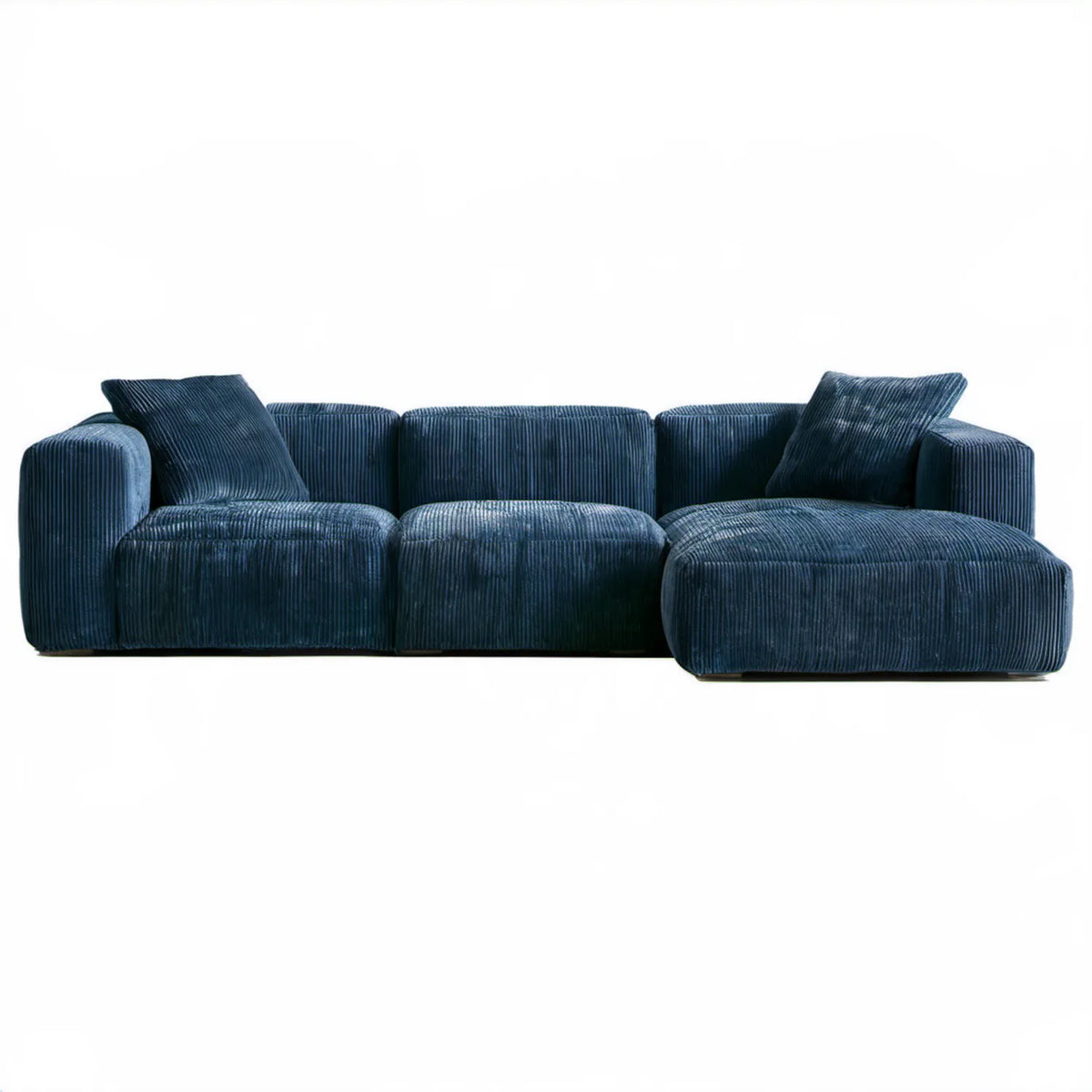 Granatowa sofa narożna prawostronna z szezlongiem 290 × 165 × 75 cm, sztruks poliestrowy