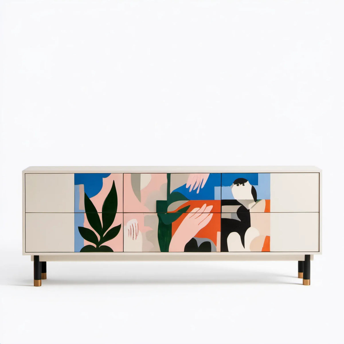 Kremowa szafka RTV z kolorowym nadrukiem, 180 × 40 × 75 cm, MDF