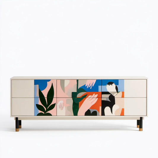 Kremowa szafka RTV z kolorowym nadrukiem, 180 × 40 × 75 cm, MDF