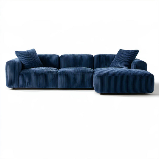 Granatowa sofa narożna L ze sztruksową tapicerką, prawostronna, 290 × 170 × 85 cm