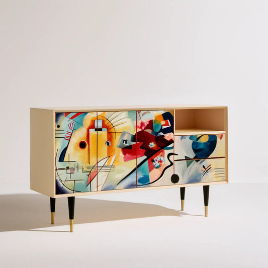 Beżowa komoda 160 × 40 × 80 cm z abstrakcyjnym wielobarwnym wzorem
