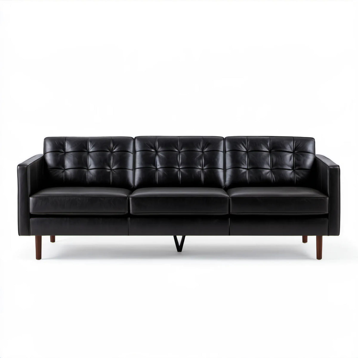 Czarna sofa trzyosobowa z tapicerką z ekoskóry PU i ciemnobrązowymi nogami, 220 x 85 x 82 cm