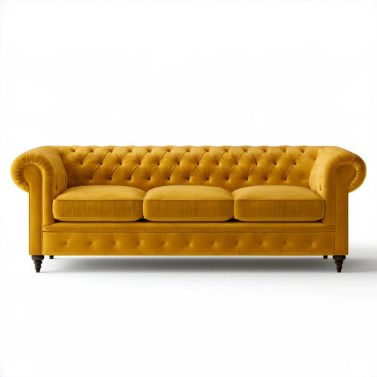 Trzyosobowa sofa Chesterfield musztardowa z aksamitu 230 x 95 x 78 cm